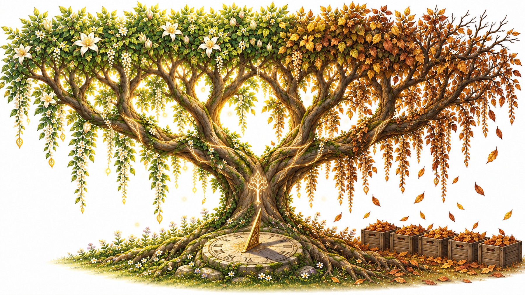 A tree shaped like a B+ tree: a short trunk, a few thick branches and a flat, dense canopy; the leaves grow green on one side, turn amber toward the other and fall into identical crates beside a sundial