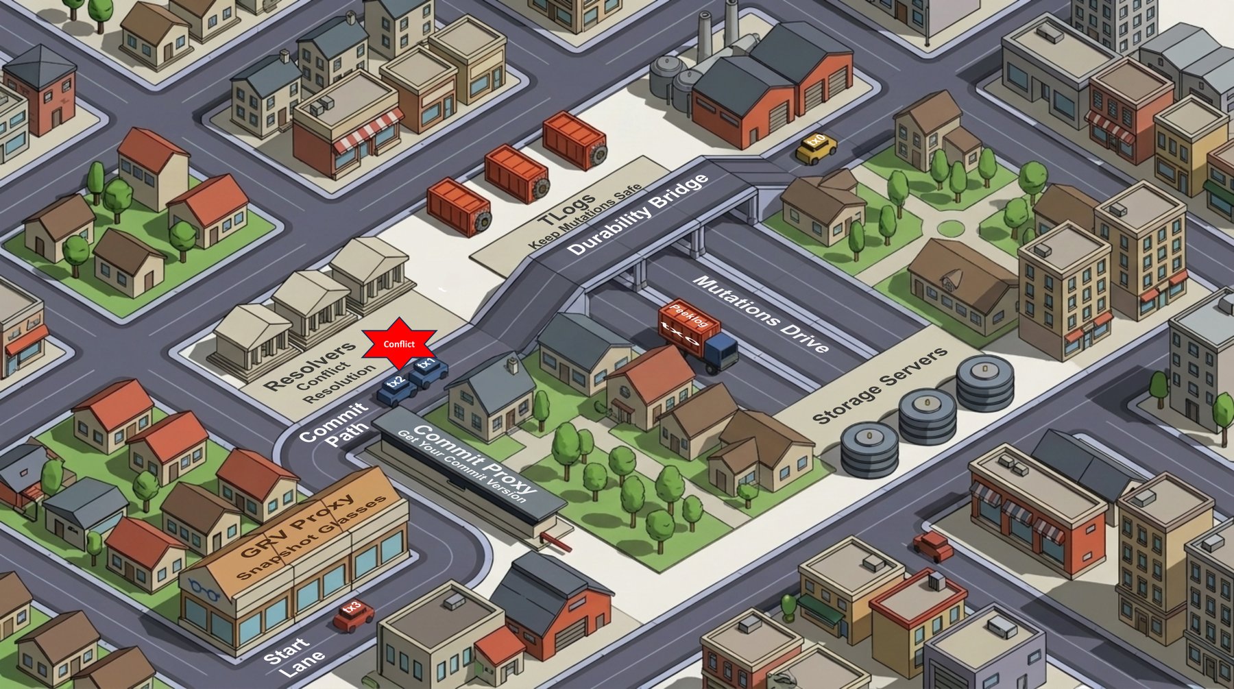An isometric city where a transaction travels FoundationDB's commit path: GRV proxy, commit proxy, resolvers, TLogs and storage servers